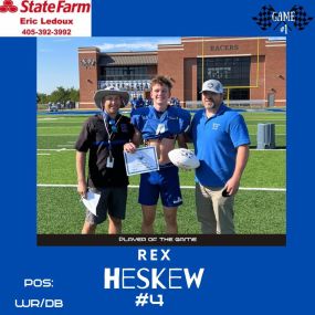 ???? PLAYER OF THE GAME award is back ????

Game #1 winner is Rex Heskew. Rex graded out high on both sides of the ball which helped the Racer’s take home a 34-14 WIN over #5 ranked Weatherford.

Help us congratulate Rex Heskew!