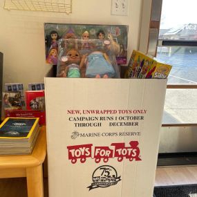 Check it out! A customer has already filled our first box! Thank you!! 
We are accepting any new, unwrapped Toys from now till December 12. ????????
 #HolidayGiving #SpreadJoy #Rorywoldstatefarm
