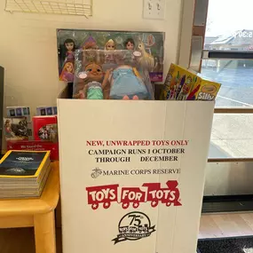 Check it out! A customer has already filled our first box! Thank you!! 
We are accepting any new, unwrapped Toys from now till December 12. ????????
 #HolidayGiving #SpreadJoy #Rorywoldstatefarm