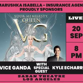 Marushka Isabella State Farm is excited to sponsor the Vice Ganda concert, featuring special guest Kyle Echarri, on Friday, September 20th, 2024, at 8 pm. We look forward to an unforgettable evening at the Saban Theatre in Los Angeles. 
Don't miss this spectacular event filled with entertainment and fun!