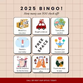 ???? Ready to kick off 2025 with some fun? Check out our Bingo card and see how many goals you can check off this year! ???? Start strong by scheduling your insurance review—visit or call our office today to get started. Let’s make it a winning year! ????????