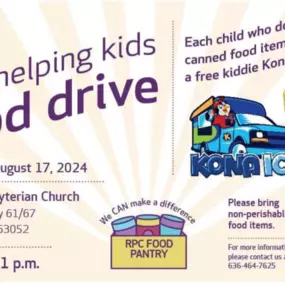 Sharing a food drive this Saturday near our office! We encourage you to get out and support the local community this weekend if possible. Kids get a free Kona Ice with a donation of a canned good. August 17 from 12pm-1pm