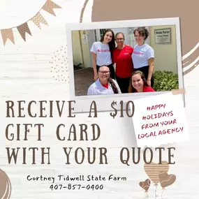 ????????  With the holidays approaching, who wouldn't want some extra cash???????????
Receive a $10 Gift Card with your Free Quote today!  
???? auto ???? home ????️ renters ????‍????‍???? life ????small business ????health ⛳ retirement 
???? 407-857-0400
???? 1601 Park Center Dr Suite 11 Orlando, FL 32835