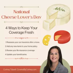 Happy National Cheese Lover’s Day! ???? Just like a good cheese, your insurance should be fresh and up to date. Today’s a great reminder to review your coverage and ensure you’re covered in every way. Need help? Reach out today!