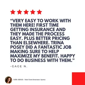 Another 5-star review for our agency! Great work to Trina for assisting our customers with their insurance needs! If you are a customer of ours and have not shared your positive experience yet with us, we would love to hear your feedback on our Google page!