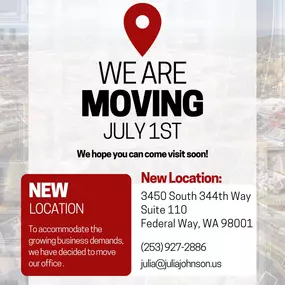 I’m happy to share very exciting news! We are moving to our new office location July 1st. Construction is underway, and I can't be more excited about what this move means for my business, my agency team and our customers.  This is one more step forward in my 15 years as a State Farm Agent providing insurance and financial services.
Stay tuned for our grand reopening celebration announcement!
Our new address will be:
3450 South 344th Way, Suite 110
Federal Way, WA 98001
Right off the exit of High