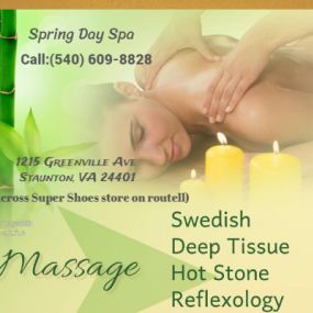 Spring Day Spa
Call:(540) 609-8828
1215 Greenville Ave Staunton, VA 24401
(Across Super Shoes store on routell)