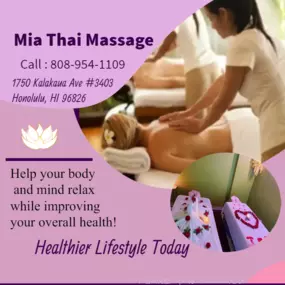 Mia Thai Massage is the place where you can have tranquility, absolute unwinding and restoration of your mind, soul, and body. We provide to YOU an amazing relaxation massage along with therapeutic sessions that realigns and mitigates your body with a light to medium touch.