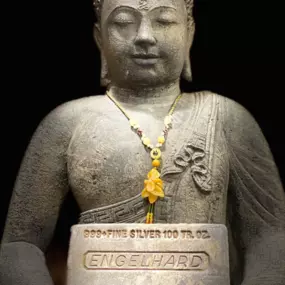 Buddha Statue Holding 100 oz Silver Engelhard Bar