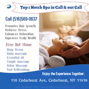 Massage is becoming more popular as people now understand the 
benefits of a regular massage session to their health and well-being.
Here at & Top 1 Notch Spa & Massage we love being a part of helping 
taking part in peoples wellness and a better life.