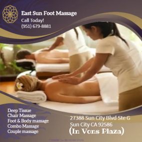 Whether it’s stress, physical recovery, or a long day at work, East Sun Foot Massage has helped 
many clients relax in the comfort of our quiet & comfortable rooms with calming music.