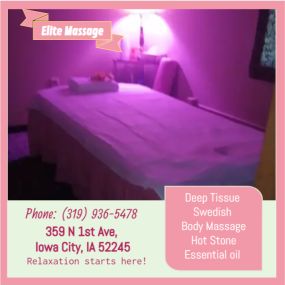 Whether it’s stress, physical recovery, or a long day at work, Elite Massage has helped 
many clients relax in the comfort of our quiet & comfortable rooms with calming music.