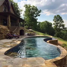 a crystal clear pool surrounded by stone decking overlooking the hills of Georgetown, KY