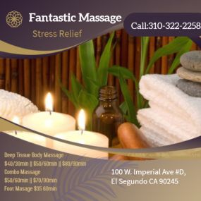 Fantastic Massage is the place where you can have tranquility, absolute unwinding and restoration of your mind, 
soul, and body. We provide to YOU an amazing relaxation massage along with therapeutic sessions 
that realigns and mitigates your body with a light to medium touch utilizing smoother strokes.