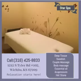 Whether it's stress, physical recovery, or a long day at work, Star Spa & Massage has helped many clients relax in the comfort of our quiet & comfortable rooms with calming music.