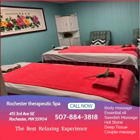 Whether it s stress, physical recovery, or a long day at work, Rochester Therapeutic Spa has helped 
many clients relax in the comfort of our quiet & comfortable rooms with calming music.