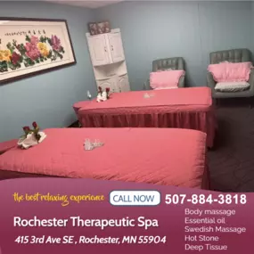 Whether it s stress, physical recovery, or a long day at work, Rochester Therapeutic Spa has helped 
many clients relax in the comfort of our quiet & comfortable rooms with calming music.