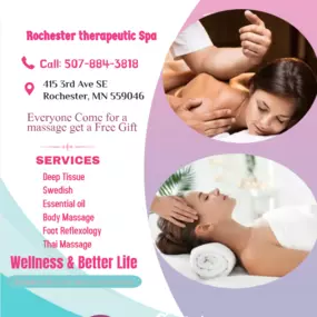 Rochester therapeutic Spa is the place where you can have tranquility, absolute unwinding and restoration of your mind, 
soul, and body. We provide to YOU an amazing relaxation massage along with therapeutic sessions 
that realigns and mitigates your body with a light to medium massage preusser.