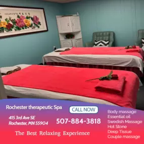 Whether it s stress, physical recovery, or a long day at work, Rochester Therapeutic Spa has helped 
many clients relax in the comfort of our quiet & comfortable rooms with calming music.