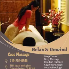 Whether it stress, physical recovery, or a long day at work, Coco Massage has helped many clients relax in the comfort of our quiet & comfortable rooms with calming music.