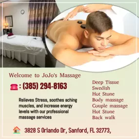 The full body massage targets all the major areas of the body that are most subject to strain and
discomfort including the neck, back, arms, legs, and feet. 
If you need an area of the body that you feel needs extra consideration, 
such as an extra sore neck or back, feel free to make your massage therapist aware and
they will be more than willing to accommodate you.