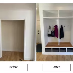 Before and After image of coat closet turned into a mudroom locker with cubby compartments.