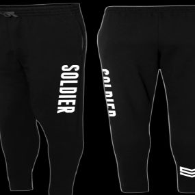 Athletic joggers with soldier logo.