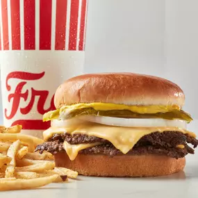 Freddy's original double steakburger with fries and a drink