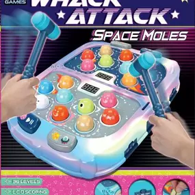 A blast from the past!  This Whack Attack Space Moles game will bring retro arcade games to you!

36 Levels

LCD scoring

Light & Sound effects

3 Modes

Arcade style action – coin free or coin mode and single mode or super battle two player mode

Uses 4 AA batteries – not included