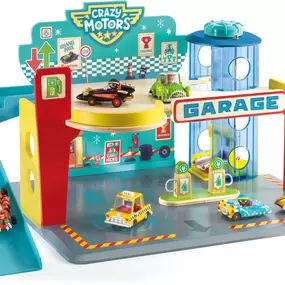 Start your engines! This  wooden garage is equipped with  a lift that raises cars to the top level, a ramp for a thrilling exit, and detachable accessories like rollers and electric charging stations. From tune-ups to quick getaways, the Crazy Garage is the ultimate play set! #TheChildrensGift Sop