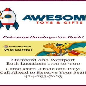 Pokemon Sundays Are Back!

Stamford And Westport
Both Locations 1:00 to 3:00

Come learn ,Trade and Play!
Call Ahead to Reserve Your Seat!

424-293-7663