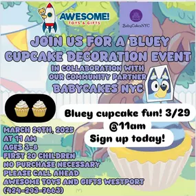 What: FREE Bluey cupcake decorating!
When: Saturday, March 29th at 11am. Limited to first 20 people!
Who: Ages 3-8 years old
Where: @awesometoysandgifts
429 Post Road East Westport, CT.
Why: You need an activity for your kids while you shop at Awesome Toys! #awesometoysandgifts #customcakesWestport #customcakesCT #local203 #westportmoms #fairfieldmoms #bluey #cupcakes #blueycupcakes #cupcakedecorating #kidsactivitieswestport