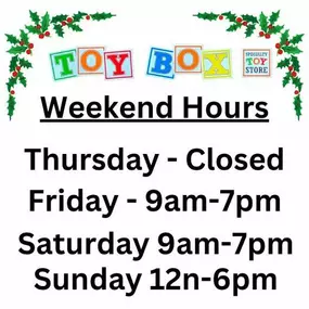 The Toy Box will be closed tomorrow for Thanksgiving.
Enjoy this special time with your family and friends!

We’ll reopen bright and early at 9 AM on Black Friday, with extended hours to help you find the perfect gifts.

We’re looking forward to seeing you then!

Happy Thanksgiving! ????????