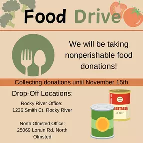 Reminder!! Just a few
more days that we’re accepting nonperishable food items to donate to North Olmsted Oxcart Pantry & Rocky River Assistance Program! If you’d like to participate, kindly drop off your donation(s) to either of our office locations listed below! ????????????