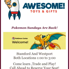 Pokemon Sundays Are Back!

Stamford And Westport
Both Locations 1:00 to 3:00

Come learn ,Trade and Play!
Call Ahead to Reserve Your Seat!

424-293-7663