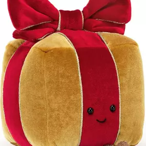 The best part of any gift is always the wrapping! Amuseable Present is a soft golden box with cranberry ribbon edged with gold braid. With a perky ruched bow, a merry smile, a suedette base and kicking cord boots, this present is absolutely correct!