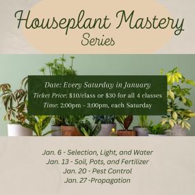 Every Saturday in January at 2pm come and learn all you need to know to be successful with houseplants. You save $10 by buying all of them together vs all individually. 

Jan. 6th- Selection, Light and Water

Jan. 13th- Soil, Pots and Fertilizer 

Jan. 20th- Pest Control 

Jan. 27th- Propagation