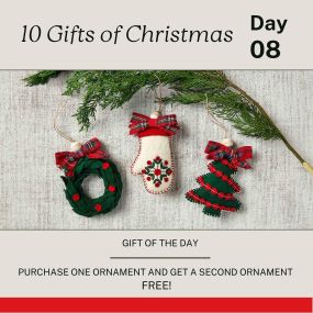 ???? Day 8 of our Gifts of Christmas Countdown: Deck the halls with our Favorite Elf’s special offer! ???? Buy 1 ornament and get the second one FREE!