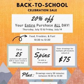 Last day of our Back-to-School Celebration Sale! Save 20% OFF your Entire Purchase ALL Day long! Join us for our Special Teacher Event this morning from 10:30 to 1230!