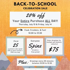 Last day of our Back-to-School Celebration Sale! Save 20% OFF your Entire Purchase ALL Day long! Join us for our Special Teacher Event this morning from 10:30 to 1230!