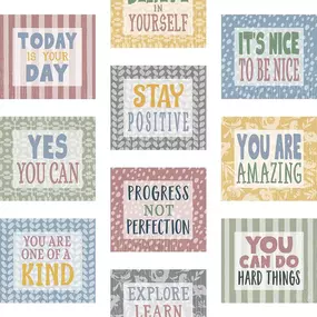 Use these decorative Classroom Cottage Positive Sayings Accents to dress up classroom walls and doors, label bins and desks, or accent bulletin boards. 30 pieces in 10 designs.