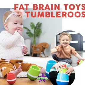 Nest, tumble, WOW! Check out our newest @fatbraintoys that just arrived!!

Each TumbleRoo features a weighted base for wonderful wobbling, a concave top for nesting, and unique, subtle textures to feel and explore.

Nest the smallest inside the other two - The moment you let go, the whole stack tips over and they all tumble apart, one at a time, to rock and wobble around and around.

Little ones can't wait to nest and tumble again and again!

Wiggly wobbly action is sure to launch the little one