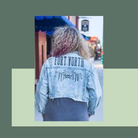 Cowtown chic???????? Showing your love for the city is easy when you’re wearing our Fort Worth Skyline Denim Jacket!