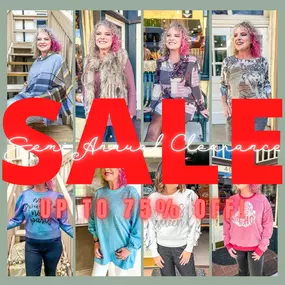 ????SEMI-ANNUAL CLEARANCE SALE STARTS NOW????
 
Shop our favorites from the season for UP TO 75% OFF!!! 

Head to the link to shop online or come see us on Main Street????