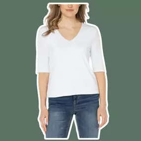 Bring your basic tee to the next level with the light color, soft feel, and shorter sleeves on Liverpool’s V Neck Half Sleeve Knit Top????????