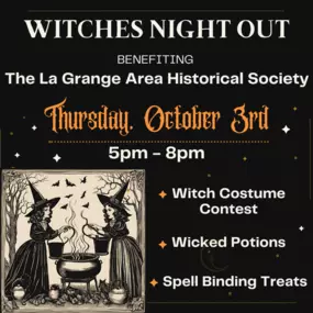 Calling all witches! ????‍♀️

Join us for a magical night at Jackson Square Mall's Witches Night Out, where 10% of all proceeds benefit the La Grange Historical Society.
Enjoy an evening of spooky shopping, themed refreshments, and a witches costume contest! ????????️
Bring your coven, don your witchiest attire, and support a great cause while finding treasures at the mall!