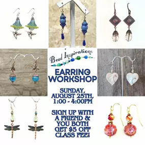 Whether you're a complete beginner or just looking to brush up on your skills, this class is perfect for you! Learn the basics of creating your own beautiful earrings. Sign up with a friend and you both get $5 off the class fee!