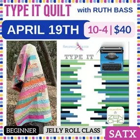 NEW CLASS ALERT! This Jelly Roll ~ Beginner Friendly quilt class is sure to be fun and fast!

April 19th 10-4
Cost: $40
Instructor: Ruth Bass