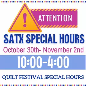 Friendly reminder! Special Hours this week!!

10:00-4:00
October 30th-November 2nd

If you ever have any questions please visit our website:
www.sewspecialsa.com