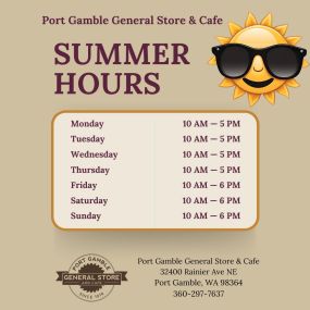 ????Summer’s here and so are our summer hours! ????⏰ Come soak up the fun in historic Port Gamble - where every step is an adventure. From ghostly mansions to serene water views, there’s excitement in the air. Shop, dine and explore with the whole family. Don’t forget to stop in the General Store & Cafe for gifts, ice cream, sandwiches and fresh espresso that will keep you fueled for fun! ????☕️